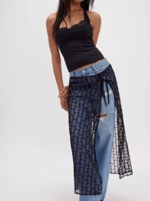 Women Halter Neck Tank Tops Sleeveless Lace Patchwork Summer Slim Fit Cropped Going Out Vest - 黑色 - 查看 2