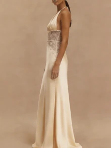 Women's Off Shoulder Halter Sheer Lace Splicing Maxi Dress Deep Plunge Neck Backless Bodycon Evening Formal Dress - Rượu sâm banh - Xem 2