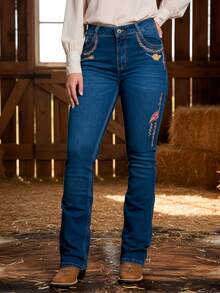 Women's Country Embroidered Feather Flare Texas Jeans - Màu xanh lam - Xem 3