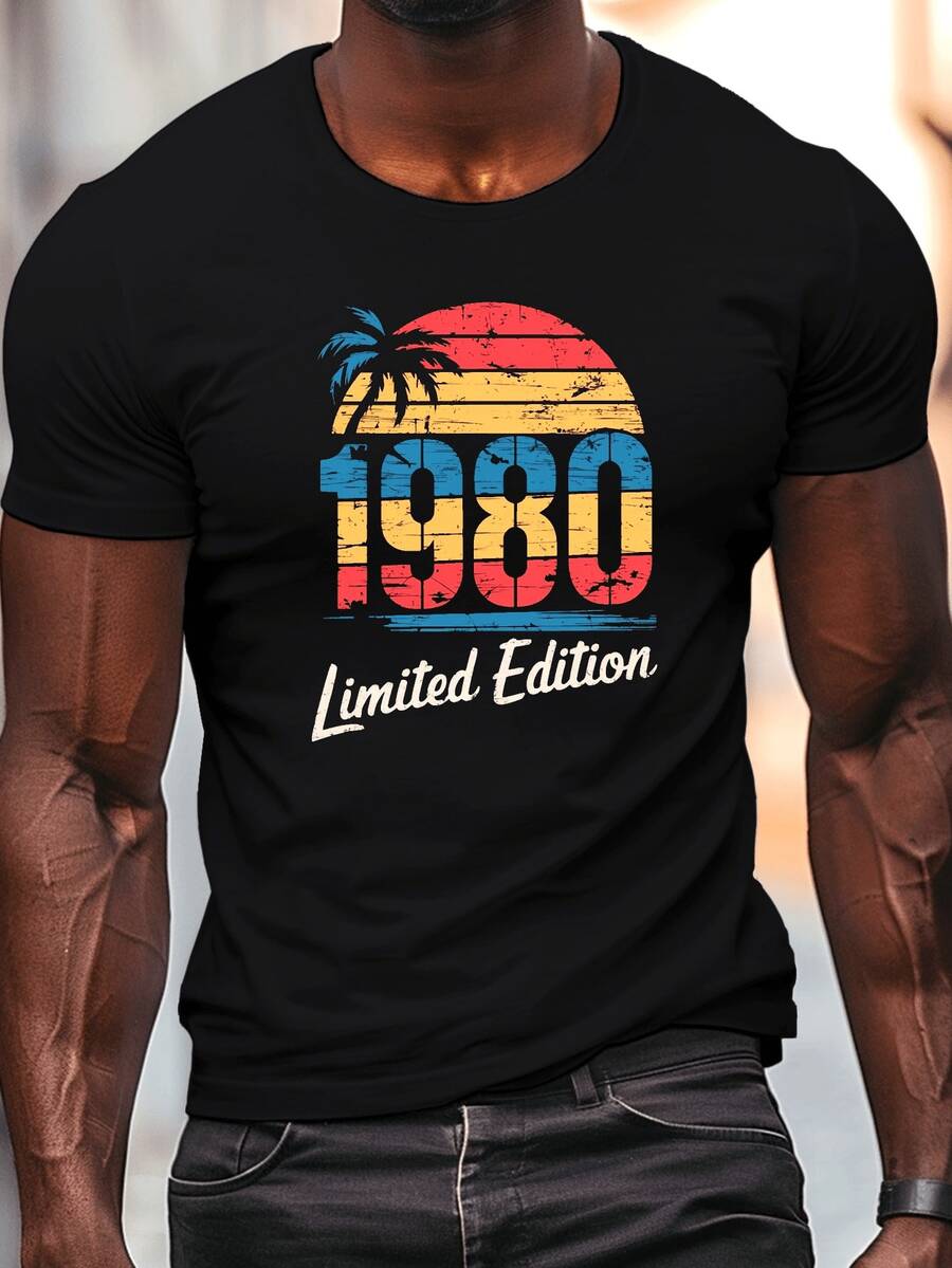 Impresión de Edición Limitada Sunset 1980, Camiseta de Manga Corta y Cuello Redondo para Hombre, un Top Casual Cómodo para el Verano - Negro - Ver 1