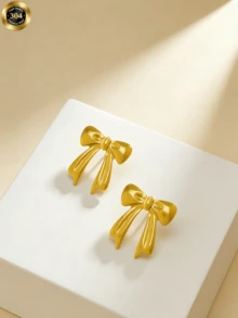 不锈钢金色蝴蝶结耳钉，简约百搭，不锈钢材质，女士配饰，不锈钢首饰，生日礼物，节日礼物，送给闺蜜 - 金色 - 查看 2