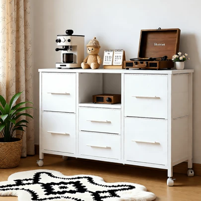 Commode avec station de recharge, commode pour chambre à coucher avec 6 bacs en tissu, meuble TV de 43,3" de long avec étagère de rangement ouverte, table TV avec 4 roulettes pour salon