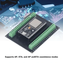 Placa expansión ESP32, compatible NodeMCU-32S Lua 38Pin GPIO. Diseño doble capa, buen contacto y señal estable. Funciones avanzadas: conmutador antenas, convertidor RF, amplificadores, filtros y gestión energía. Soporta modos AP, STA y coexistencia. Segura y confiable, adaptable a diversas aplicaciones. Ideal para duplicar pines GPIO. Componentes de calidad, perfecta para proyectos inteligentes. Tamaño: 77x63mm. Material: FR4. - Negro - Ver 7