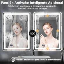 Espejo de baño táctil inteligente, espejo LED cuadrado, equipado con botón táctil inteligente y función automática de eliminación de niebla con un solo clic y pantalla de tiempo, tres temperaturas de color se pueden ajustar libremente, 70 * 50 cm, blanco, montado en la pared, adecuado para duchas, dormitorios, tocadores. - Blanco - Ver 7