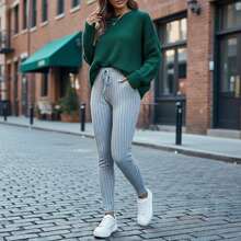 Women's High Waisted Striped Leggings: Ribbed Knit Pants With Drawstring Waist In Light Gray For Cozy Homewear, Casual Loungewear And Everyday Comfort. - 混合色 - 查看 2