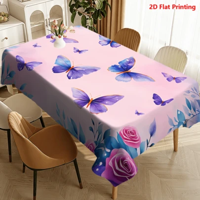 1/20 pezzi Tovaglia in tessuto di poliestere con motivo di farfalle viola e rose rosa, realizzata a macchina, perfetta per picnic, campeggio, matrimoni, compleanni, ristoranti, buffet, decorazione primaverile per la casa
