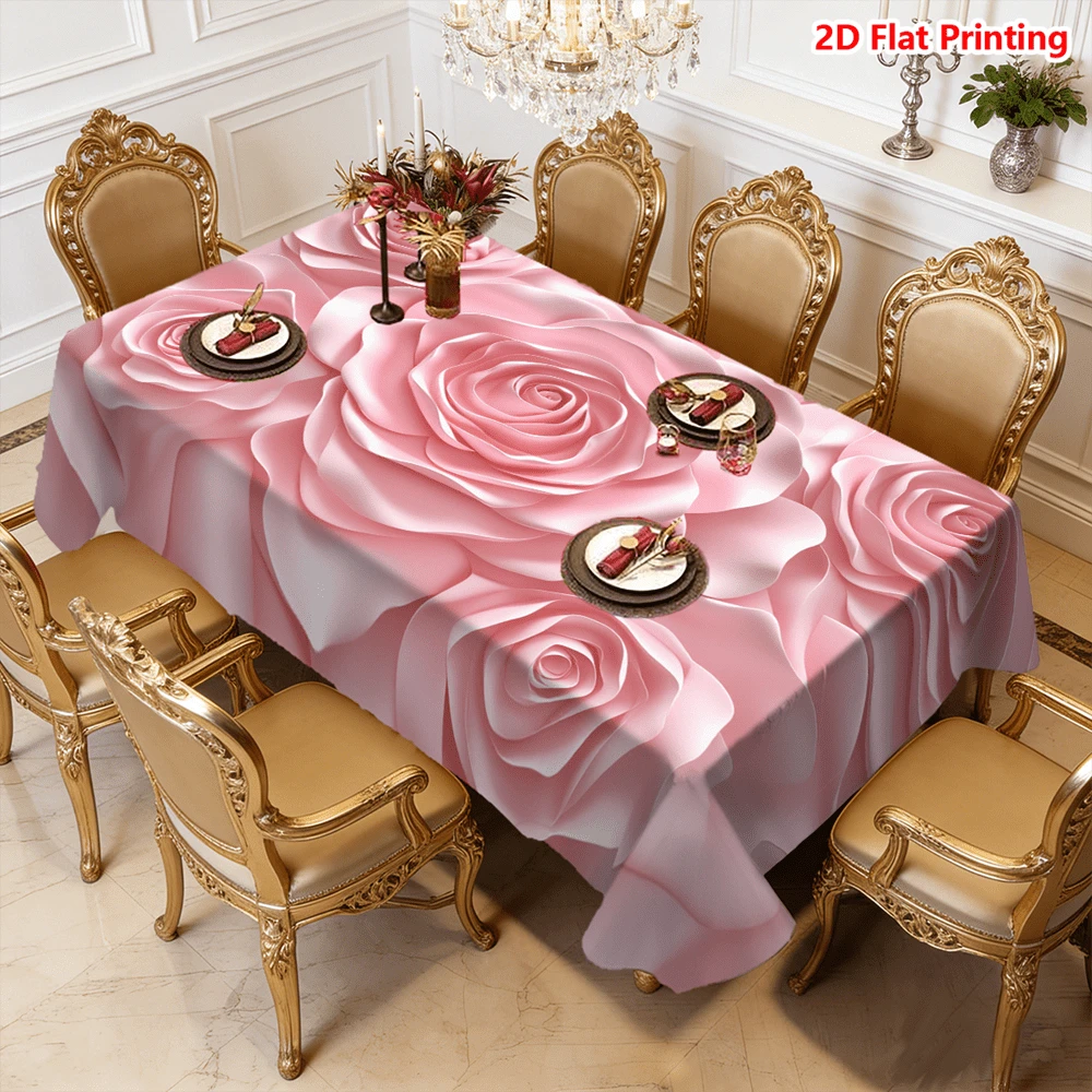 1/20pcs Tablecloth, Pink Rose Pattern, Polyester Fabric, Woven, Elegant Floral Design, Suitable For Picnic, Camping, Wedding, Birthday, Buffet, Spring Home Decor - Multicolor - View 1