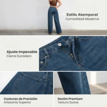 Vaqueros de pierna ancha y larga para mujer, estilo casual, con bolsillos, cremallera y botones, elasticidad media. - Azul - Ver 9