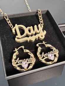 Personalized Birthday Jewelry Set, Custom Name Necklace And Earrings, Personalized Name Jewelry Set - Custom Name Pendant Necklace And Earrings, Inlaid Birthstone Heart Pendant, Diamond Necklace, Name Earrings, Birthstone Jewelry, Gift For Women, Gold-Plated Personalized Jewelry, Suitable For Women, Girls And Teenagers - Multicolor - View 4