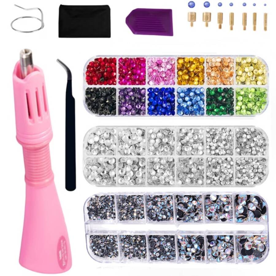 cgelaero 8500pcs Rhinestone Hot Fix Rhinestone Decoration Tool Kit, Suitable For Clothes, Fabric, Leather And Other Materials, Includes 6 Applicator Tips, Stand, Tray, Tweezers And 3 Boxes Of AB Color Rhinestones - Multicolor - View 1