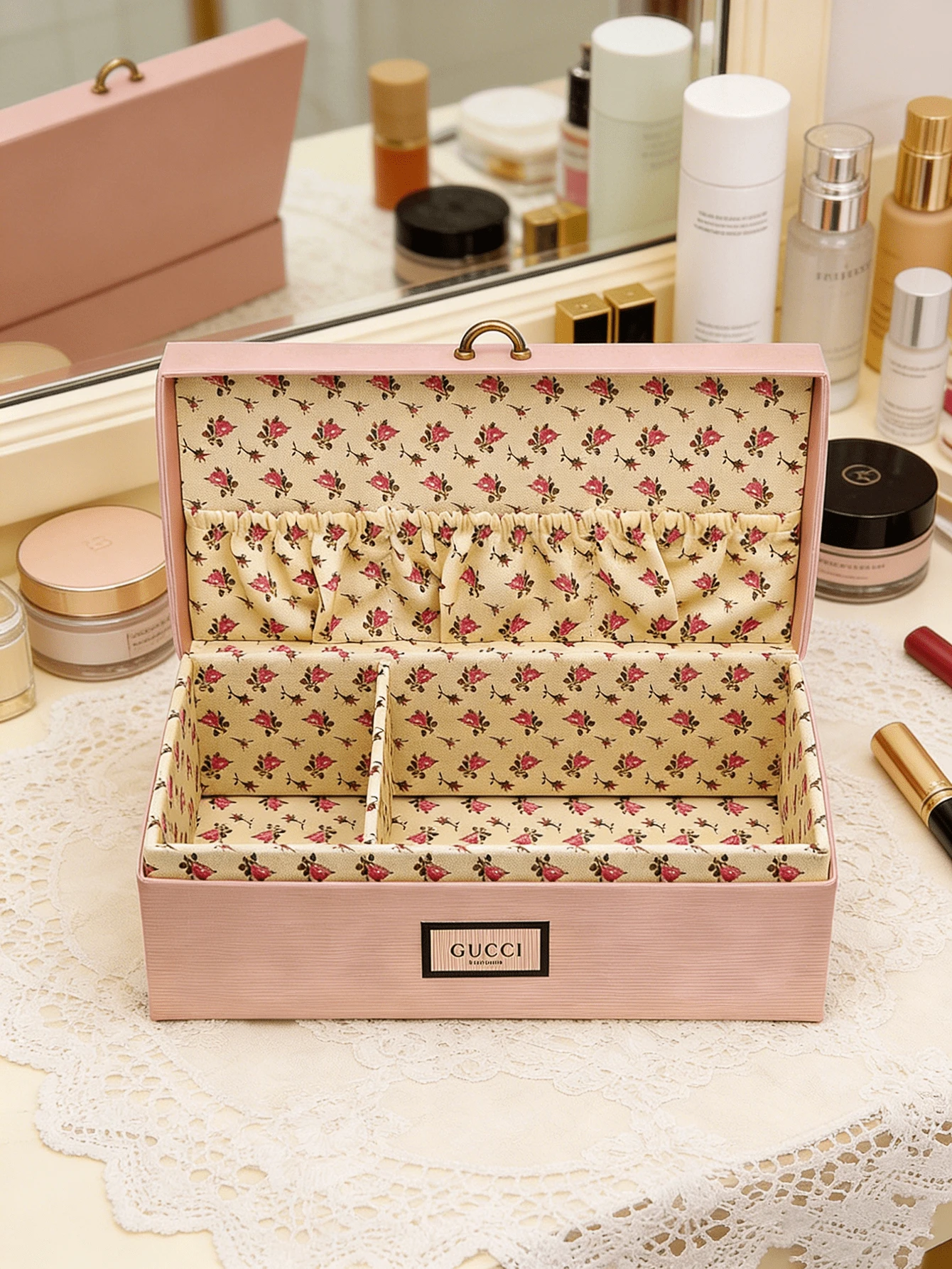 Gucci 花卉图案首饰盒，长方形，大容量，复古风格，收纳盒，礼品盒，花卉设计，粉色，首饰整理盒，复古风，装饰盒，纪念盒 - 粉色 - 查看 1