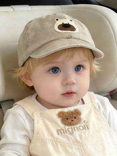 1pc Kids Hat, Fashionable Toddler Patchwork Hat, Cartoon Bear Short Brim Baseball Cap For Boys And Girls, Suitable For Outdoor, Fits Ages 1-3