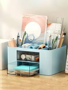 2-Drawer Desktop Organizer, Multifunctional Pen Holder, 5-Compartment Desktop Organizer And Storage, Office Desk Organizer - Multicolor - View 6