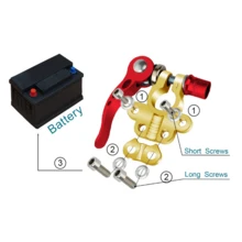 Conector batería 4 vías, positivo (rojo) + negativo (negro) + llave hexagonal. Terminales latón para baterías 45-200AH, SAE/JIS cilíndricas. 4 bornes para conexión múltiple de cables. Fácil instalación, presiona palanca para asegurar. Buena conductividad y resistencia a corrosión. Apto para autos, minibuses, RVs, camiones, audio auto. Reemplaza terminales viejos o dañados. - Dorado - Ver 4