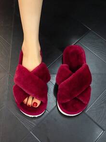 1pcs Latest Crisscross Design Fluffy Women's Indoor Slippers, Fashionable & Minimalist, Silent, Perfect For Home Use - Burgundy - View 8