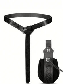 2pcs Medieval Viking Retro PU Leather Printed Pouch Belt, Extra Long Waist Belt, Party Carnival Viking Warrior Knight Costume Prop