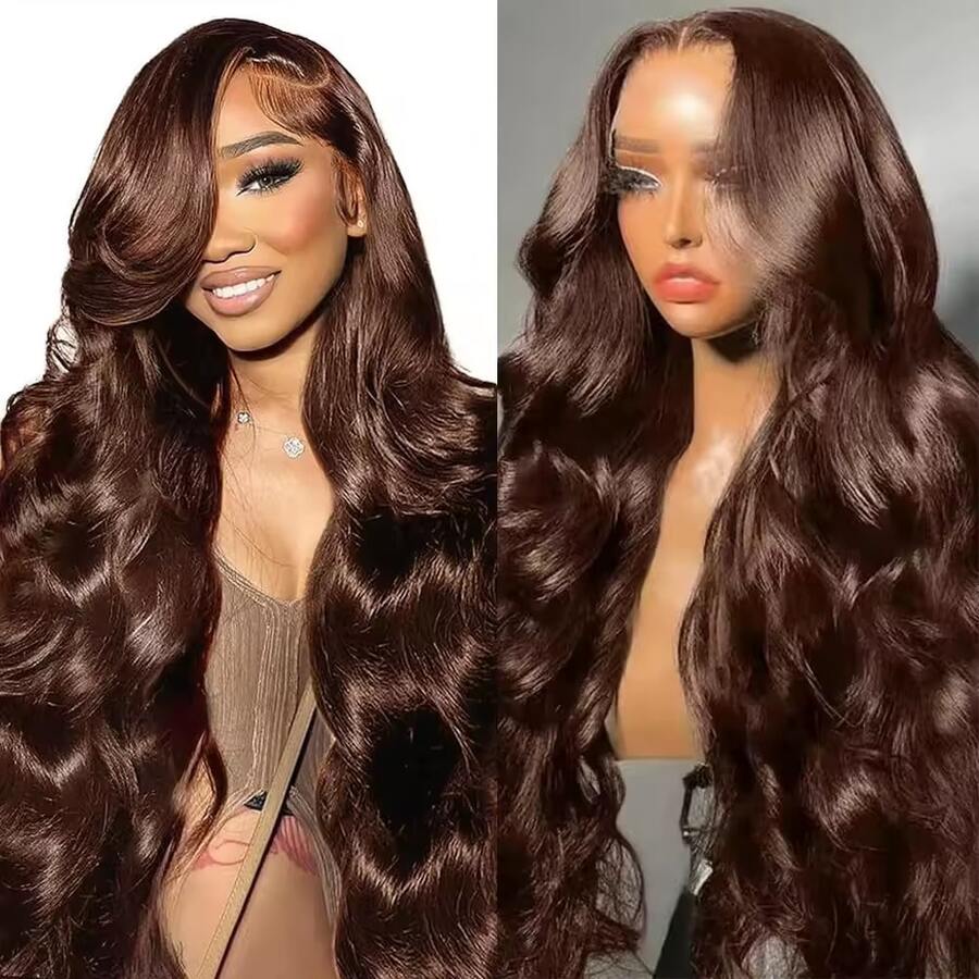 Uveous 200% Density 34 Inch Chocolate Brown Body Wave Lace Front Wig Transparent 13x4 HD Lace Frontal Wigs 13x4 Lace Closure Colored Human Hair Wigs - S4 - 查看 1