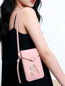 女士粉色PU斜挎手机包 - 心形搭扣和A-Z字母印花，触屏保护套，防盗多功能单肩包，透明迷你钱包，手机壳，女士手机包，尿布包，适合日常轻装出行，例如音乐会、音乐节、约会、健身房/瑜伽馆等场合。 - 粉色 - 查看 1