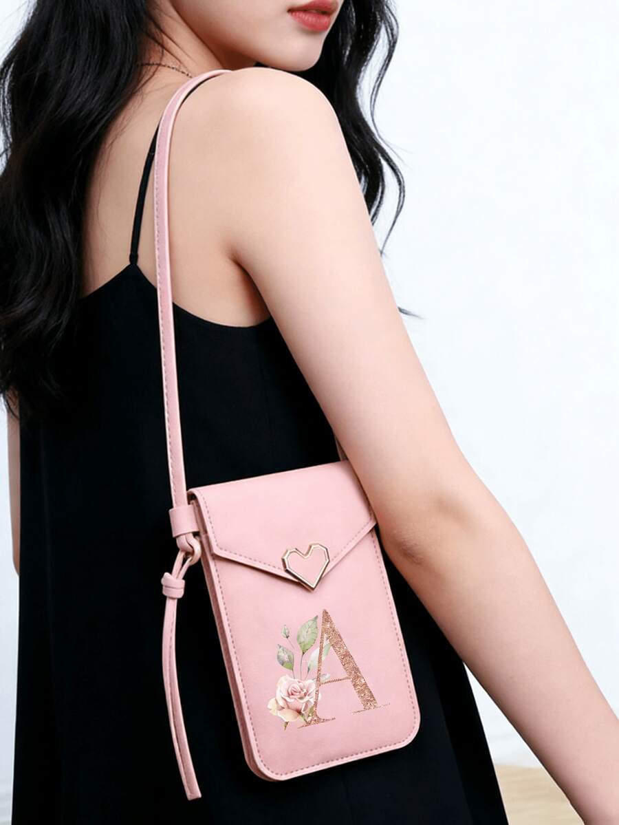 女士粉色PU斜挎手机包 - 心形搭扣和A-Z字母印花，触屏保护套，防盗多功能单肩包，透明迷你钱包，手机壳，女士手机包，尿布包，适合日常轻装出行，例如音乐会、音乐节、约会、健身房/瑜伽馆等场合。 - 粉色 - 查看 1