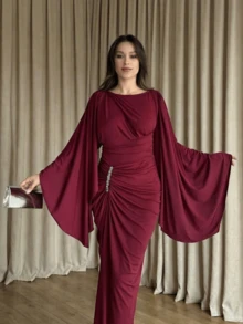 优雅纯色荷叶边镶钻长袖连衣裙，正式晚礼服，婚礼派对礼服 - 酒紅色 - 查看 2
