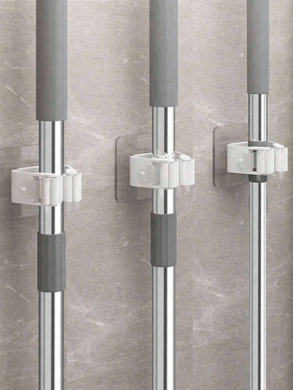 Ağır Hizmet Tipi 2/3 Çift Paspas/Süpürge Tutucu Duvara Monte Edilebilir, Delme Gerektirmeyen Yapışkanlı Saklama Rafı, Banyo, Mutfak, Çamaşır Odası Düzenleyici için Kullanışlı Kancalarla Birlikte