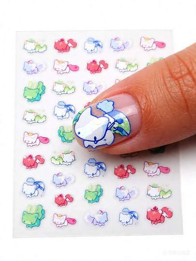 1 pieza Lindo adhesivo de arte de uñas de dibujos animados, calcomanías de uñas con tema de gatito, seta, paraguas, nube, efecto brillante, forma asimétrica, adecuado para mujeres DIY o salón de uñas