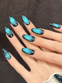 10片椭圆形/长椭圆形手工按压式美甲贴纸，适合派对和日常佩戴，“星空蓝天”渐变蓝黑色星光闪亮白点，椭圆形/长椭圆形美甲贴纸，易于粘贴。10片Y2K手工按压式美甲贴纸，适合女孩和女士在节日派对和日常佩戴。 - 寶藍色 - 查看 3