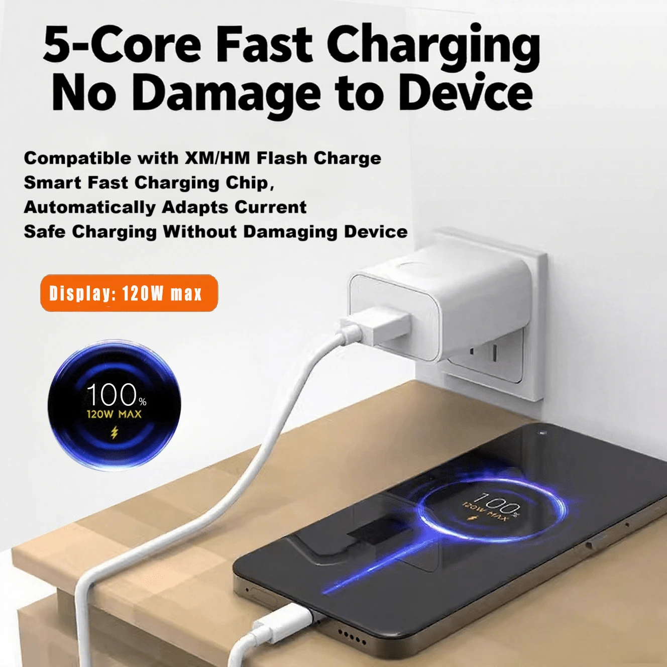 Carregador Super Rápido de 120W, Compatível com Xiaomi, Redmi, Black Shark e outros Telefones e Tablets Tipo-C, Suporta Carregamento Rápido, Também Adequado para Carregamento e Transferência de Dados de Carro, Compatível com iPhone 17, 17 Pro Max, 16, 16 Plus, 16 Pro, 16 Pro Max, Compatível com Redmi, Compatível com Cabo de Viagem OnePlus - Branco - Visão 1