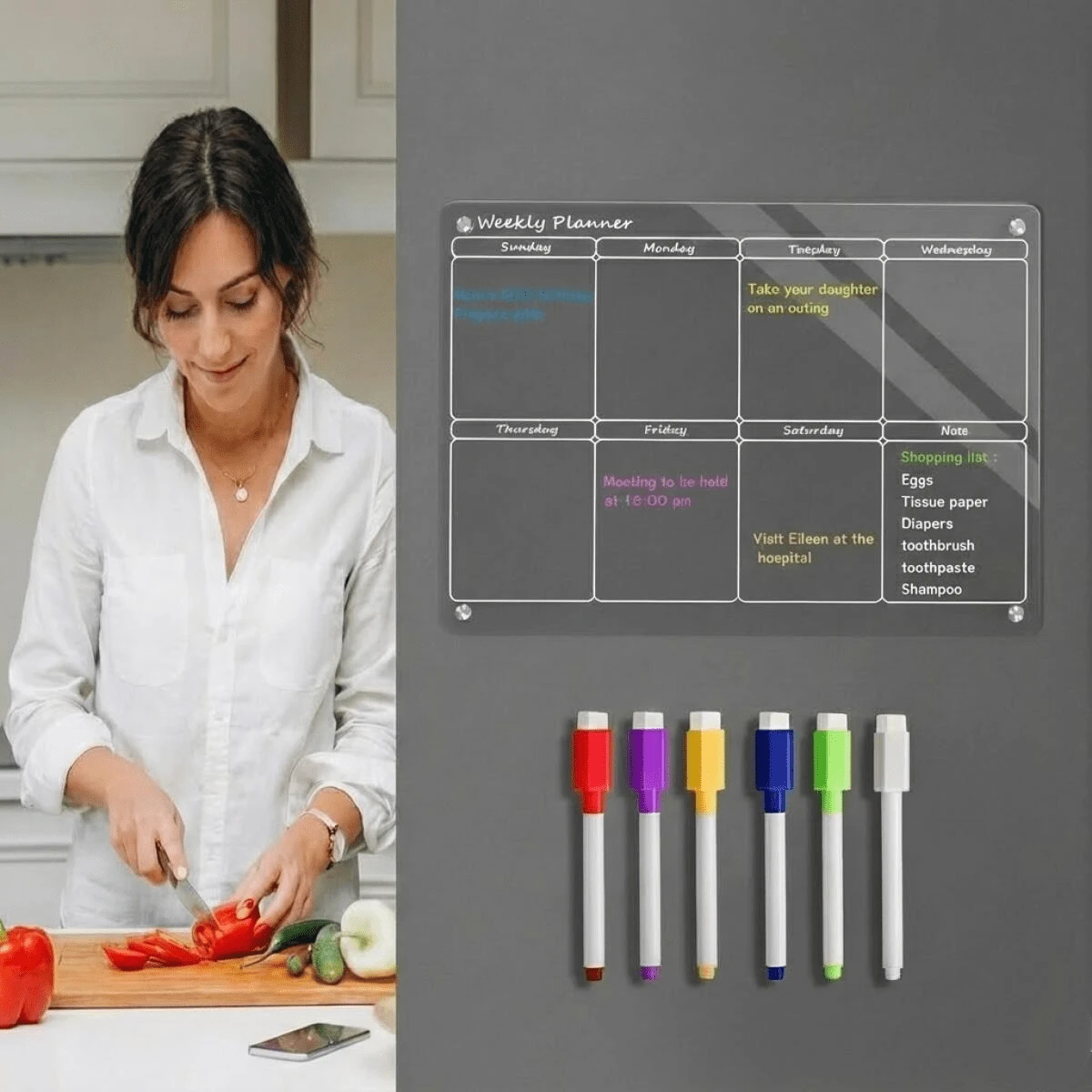 1 Set Acrylic Magnetic Fridge Calendar With Markers, Clear Dry Erase Board For Weekly Meal Planning, Grocery List & Chore Chart, Kitchen Organization - Multicolor - View 1