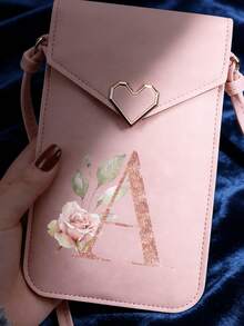 女士粉色PU斜挎手机包 - 心形搭扣和A-Z字母印花，触屏保护套，防盗多功能单肩包，透明迷你钱包，手机壳，女士手机包，尿布包，适合日常轻装出行，例如音乐会、音乐节、约会、健身房/瑜伽馆等场合。 - 粉色 - 查看 3