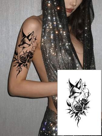 1pc Fox & Flower Combination Temporary Tattoo Sticker, Allows You To Express Your Personalized, Can Cover Scars And Wounds, Add Artistic Vibe To Skin, Suitable For Waist, Arms, Unisex, Easy To Apply And Remove, Professionally Made
