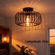 直径 11.02 英寸 x 高 7.48 英寸黑色金属丝笼式筒形吸顶灯灯罩（仅灯罩），工业风农舍风格嵌入式灯罩替换件，适用于 E26/E27 灯座，不含灯泡 - 黑色 - 查看 4