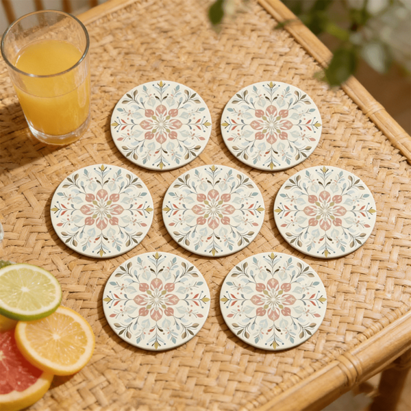 6pcs/Set Bohemian Floral Pattern Round Wooden Coasters, Decorative Drink Coasters For Beverages, Wine And Beer, Home And Party Decor, Great Housewarming Gift, Coffee Table Decoration | Bohemian Style | Wooden Coasters, Available In 1 Set, 2 Sets Or 3 Sets