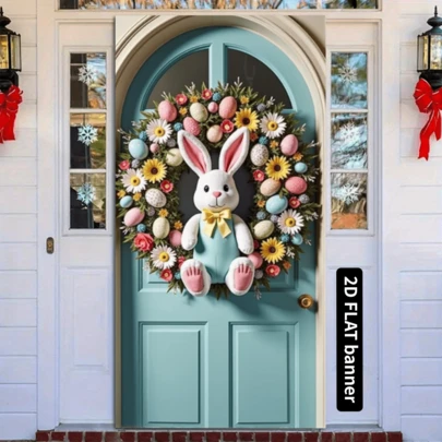 2D立体复活节门帘，蓝绿拱形门框，粉蓝竖条纹，可爱卡通兔子，蓝色蝴蝶结，粉蓝花环，粉色郁金香，蓝色花朵，白色雏菊，绿叶，藤蔓，墙面装饰，节日派对装饰，家居装饰，户外门廊装饰，花园派对装饰，节日礼物，涤纶材质，无需电源，适合室内外庆祝活动