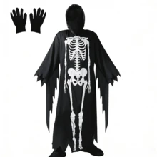 Scary Skeleton Halloween Costume With Gloves - Black - View 1