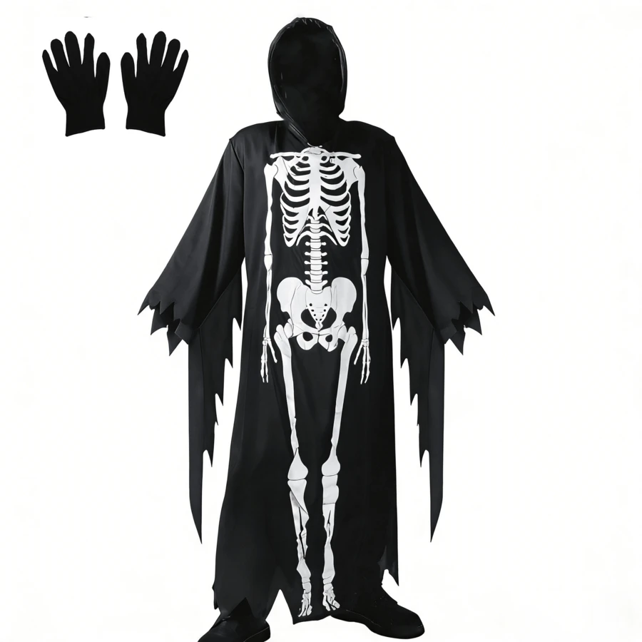 Scary Skeleton Halloween Costume With Gloves - Black - View 1