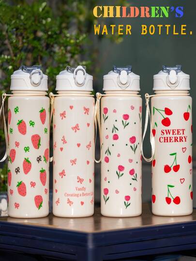 1pc 750ml Kids Water Bottle, Student Water Bottle, Cute Gift For Girls & Boys, Straw Cup, Suitable For Outdoor, School, Sports, Back To School, Graduation, Portable, Bow, Cherry, Heart Themed Cup