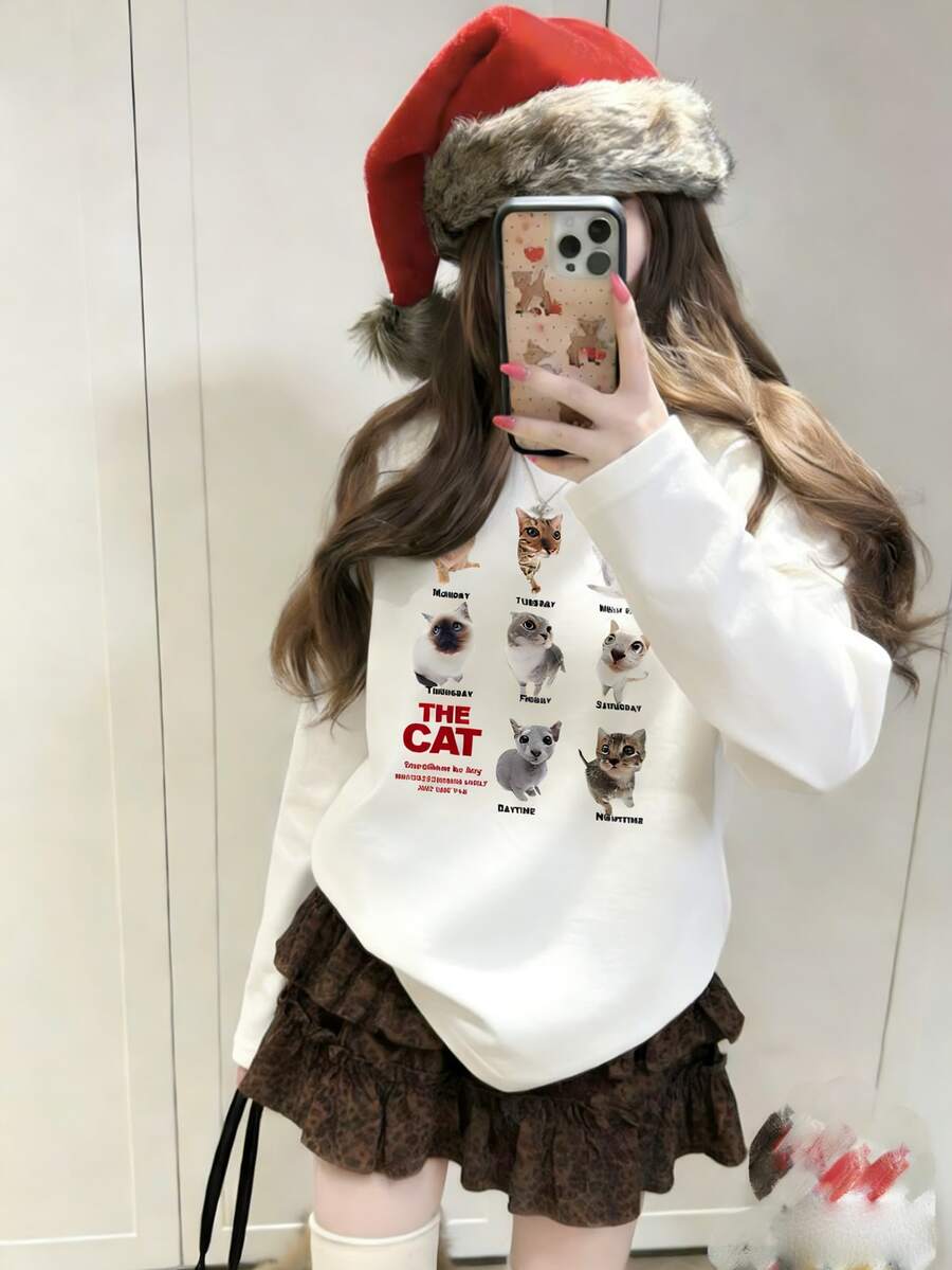 可爱猫咪图案长袖T恤，宽松版型，显瘦，可叠穿，春季新品 - 白色 - 查看 1