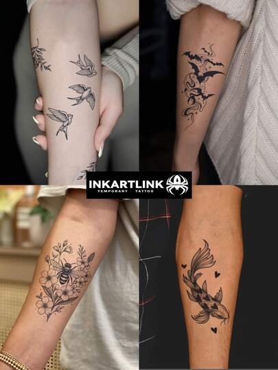 INKARTLINK 1张自然系列装饰贴纸，图案包括鸟、蝙蝠、蜜蜂和金鱼。防水临时人体彩绘纹身，可持续1-2周，果汁纹身图案，适合秋冬季节身体装饰，潮流达人必备，男女通用。