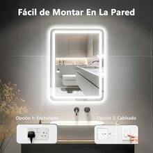 Espejo de baño táctil inteligente, espejo LED cuadrado, equipado con botón táctil inteligente y función automática de eliminación de niebla con un solo clic y pantalla de tiempo, tres temperaturas de color se pueden ajustar libremente, 70 * 50 cm, blanco, montado en la pared, adecuado para duchas, dormitorios, tocadores. - Blanco - Ver 10