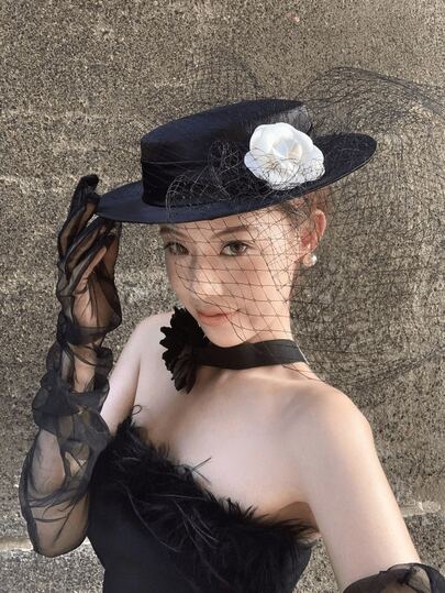 法国黑色网眼山茶花帽，复古优雅平顶帽，散发着海外留学富家千金的魅力