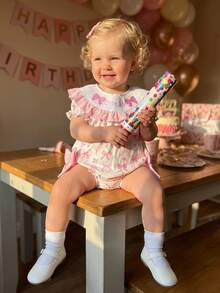 Infant Baby Girl Birthday Romper Letter Embroidery Bow Print Short Sleeve Ruffled Round Neck Bodysuit - Pink - View 4
