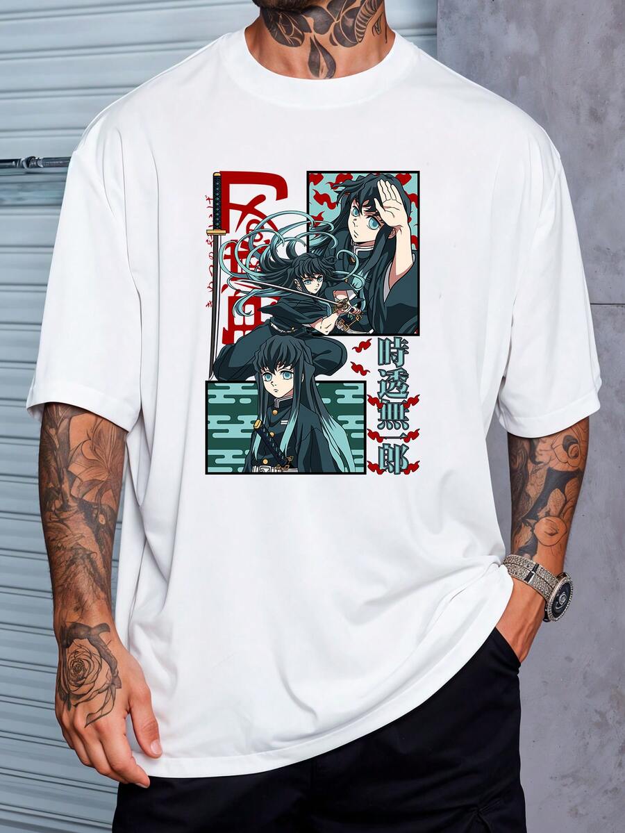 Muichiro Tokito Demon T-Shirt, Japanese Anime, Manga, Geek, Unisex Shirt/Blouse, Men's/Women's, 100% Cotton, New Release, Immediate Shipping, Black, White, Plus Size - 白色 - 查看 1