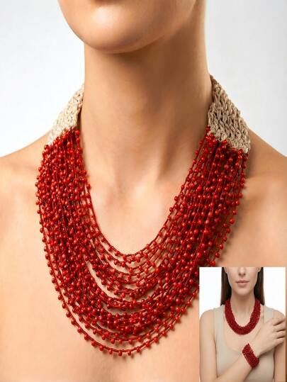 1 Set Handmade Beaded Necklace + Bracelet, Bohemian Style, Fashion Resort Accessories, High-End Design Women Necklace Bracelet Set, Stylish Jewelry For Party And Gathering