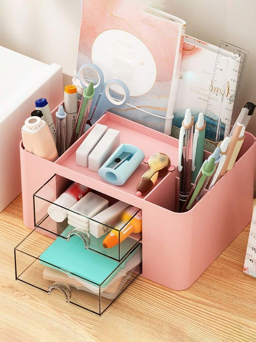 2-Drawer Desktop Organizer, Multifunctional Pen Holder, 5-Compartment Desktop Organizer And Storage, Office Desk Organizer - Multicolor - View 1