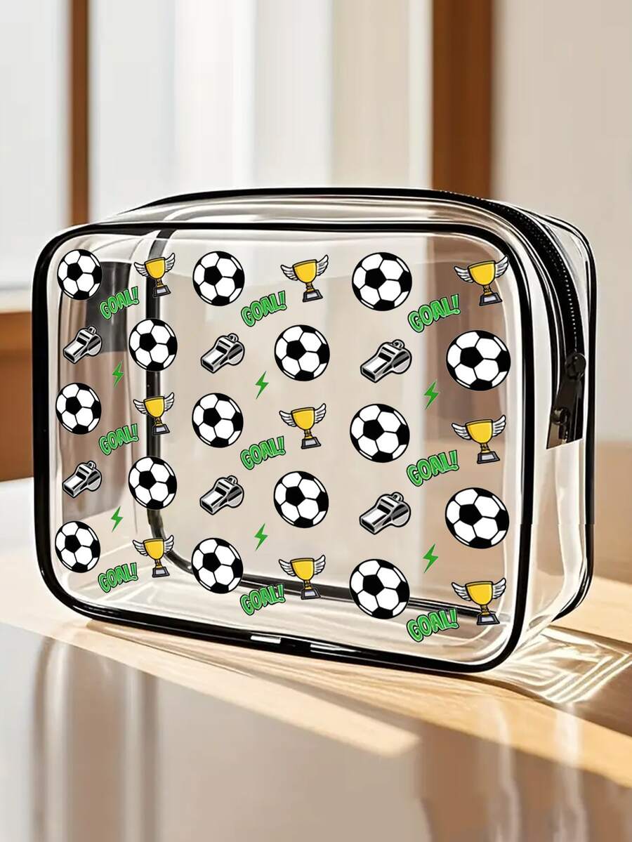 Football Themed PVC Cosmetic Bag, Unisex Transparent Travel Toiletry Organizer, Essential For Beach & Bathroom - Multicolor - View 1