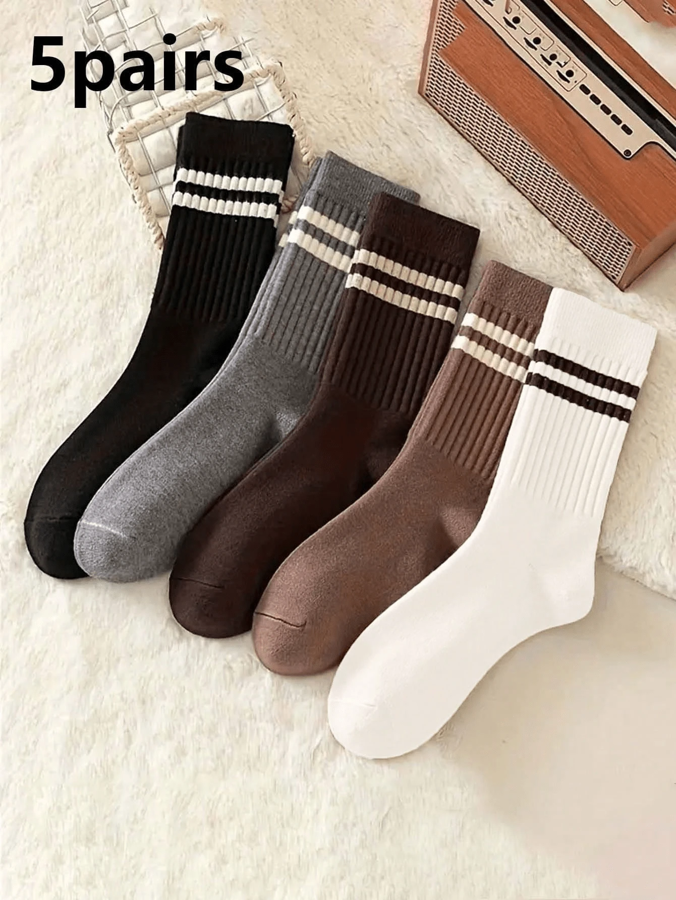 1/5 Pair Brown Striped Mid-Calf Socks, Comfortable, Casual, Fashionable And Versatile Women's Socks, Suitable For All Seasons - Multicolor - View 1