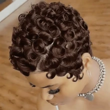 Short Curly Pixie Cut Wig Human Hair For  Women Dark Brown Short Human Hair Pixie Cut 13x4 Transparent Lace Front Human Hair Wigs Short Wigs Color 2#  Natural Curly Wig - S2 - 查看 3