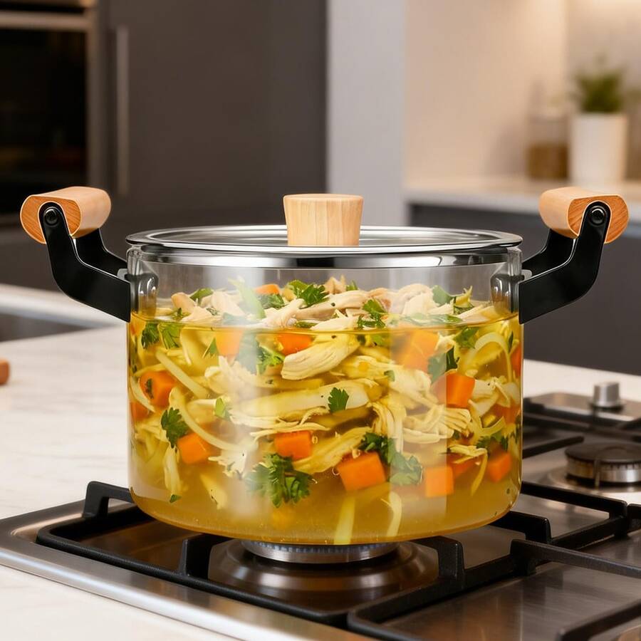 2.5-Liter Transparent Glass Stovetop Cooking Pot With Large Wooden Handle, Ideal For Slow Simmering Or Frying. Clear Lid Allows Easy Monitoring Of Boiling Activity. Made Of High-Temperature Resistant, Material For Easy Cleaning. (2.5-Liter Capacity) - 1 cái - Xem 1