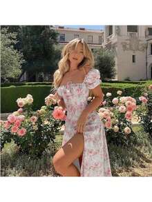 Women's Long Dress With Floral A-Line Print, Square Neckline, French Dresses With Split Hem - Elegant And Sexy - 米黃 - 查看 9